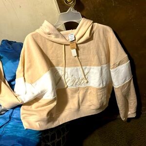 Yellow and white beige crop top hoodie, brand-name pink